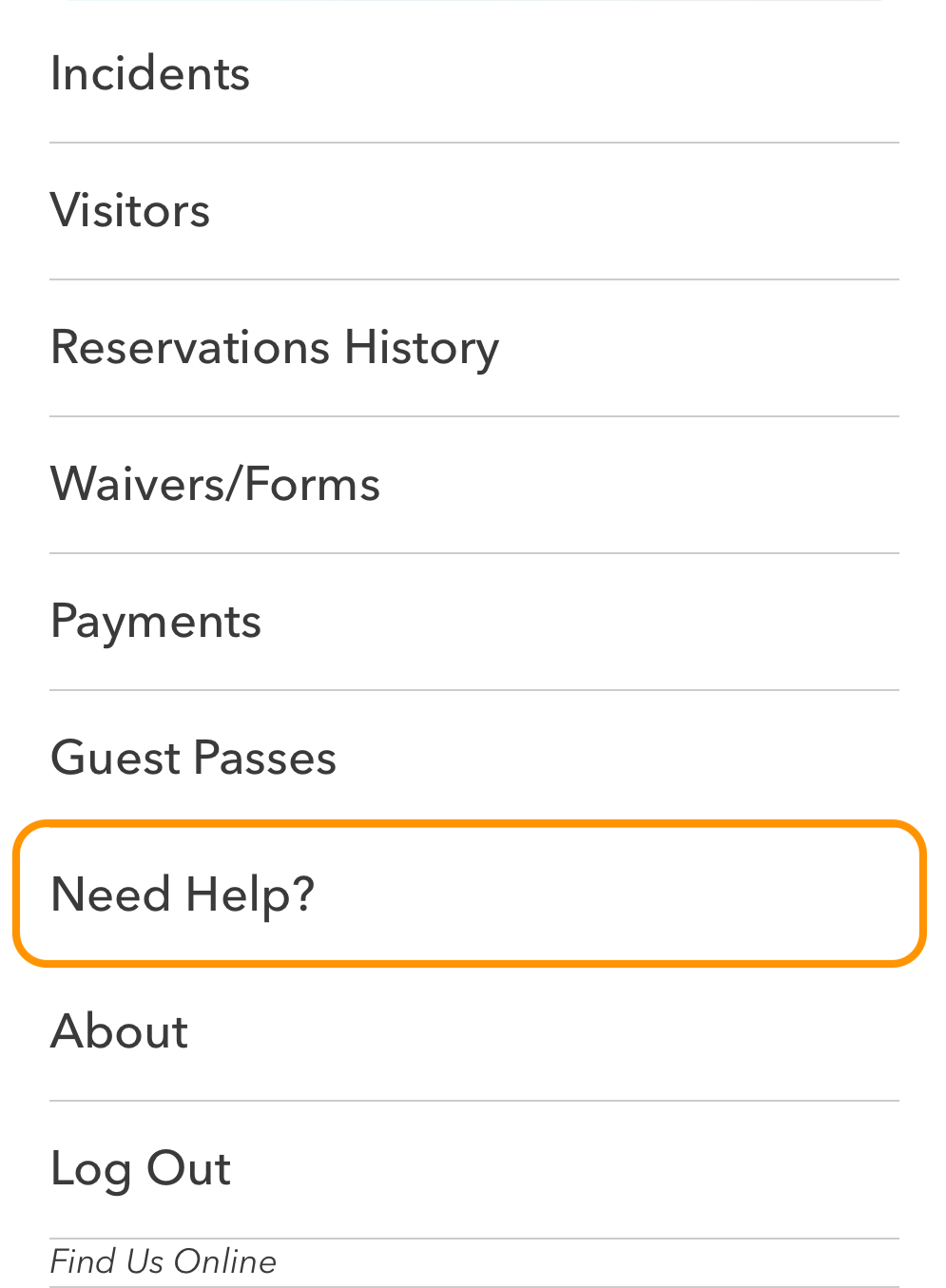 Cove mobile app sidebar menu with Need Help highlighted