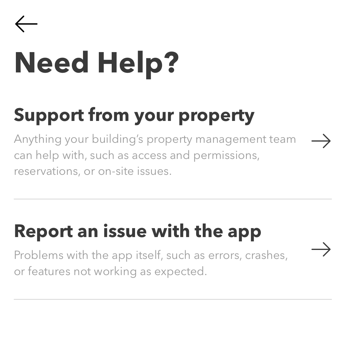 Need Help screen in the Cove mobile app