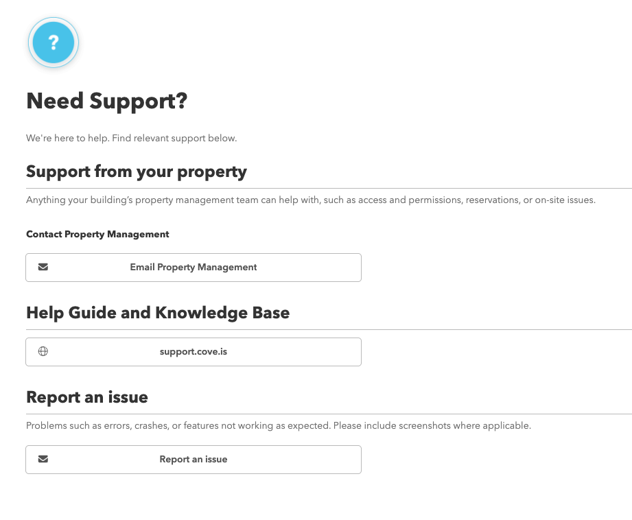 Need Support page on the Cove web dashboard